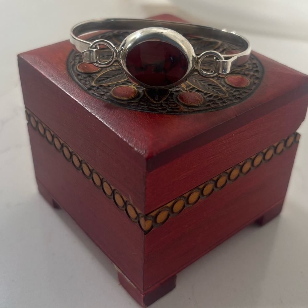 VINTAGE 925 Sterling Silver (Mexico) Agate InlayArtisan Bracelet